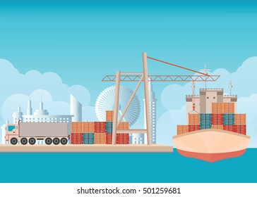 Loading containers on a sea freight cargo ship with crane background with blue sky and clouds ,transportation flat design vector illustration.  