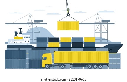 Loading containers on a truck in the port from a container ship. Vector illustration.