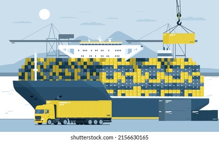 Loading containers on a truck in the port from a container ship. Vector illustration.