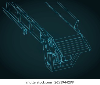 Transportador de carga com ângulo ajustável hidraulicamente planta isométrica close up estilizado ilustração vetorial