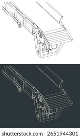 Transportador de carga com esquemas isométricos de ângulo ajustável hidraulicamente fechar ilustrações vetoriais estilizadas