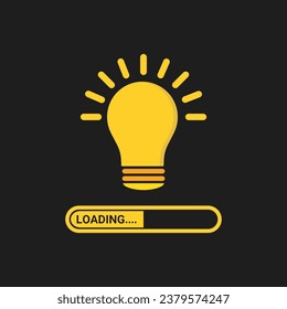 Loading creative idea concept. Progress loading bar. Yellow lightbulb icon on black background. Vector