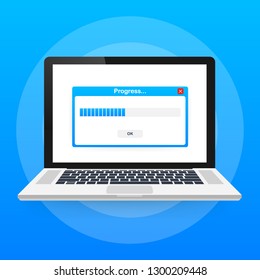 Loading data window with progress bar on laptop screen. Vector stock illustration.