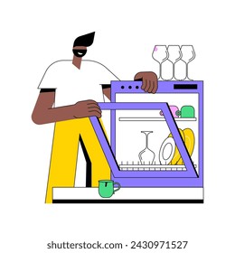 Loading dishwasher isolated cartoon vector illustrations. Man loads dirty empty glasses into dishwasher machine, home routine, daily chores, household duties, kitchen appliance vector cartoon.