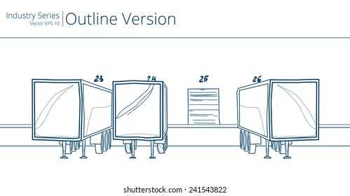 Loading Dock and Trailers. Vector illustration of Loading Dock, Outline Series.