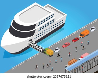 Loading ferry ship in harbor, cars, and ferry ticket officers people isometric 3d vector illustration concept