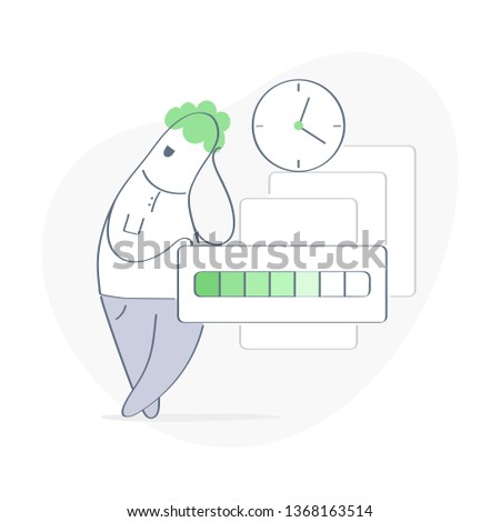 Loading files, program, software. Transfer files, make backup file. Character waiting file uploading. Flat outline vector illustration on white.