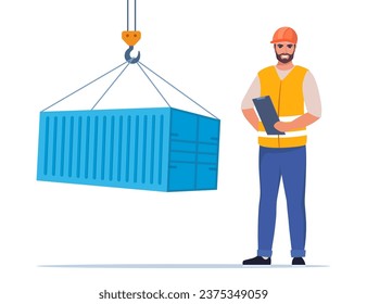 Loading freight container by crane. Man engineer. Construction Worker in uniform and orange protective helmet, holding clipboard with checklist. Head of construction works. Vector illustration