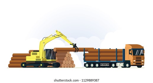 Loading freight truck with lumber. Hydraulic manipulator holding a log. Piles of lumber laying near.