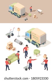 Loading furniture. Transporting vehicle move out furniture in new house lifting boxes vector people working isometric