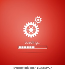 Loading and gear icon isolated on red background. Progress bar icon. System software update. Loading process symbol. Flat design. Vector Illustration