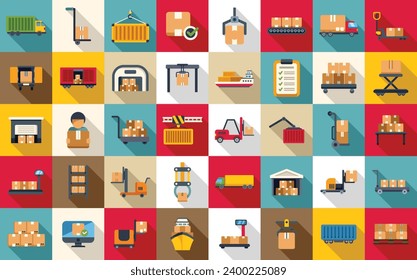 Loading of goods icons set flat vector. Delivery package box. Container equipment