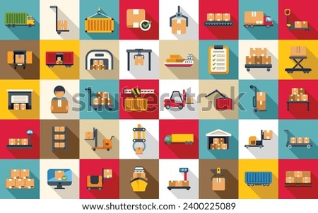 Loading of goods icons set flat vector. Delivery package box. Container equipment