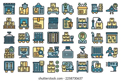 Loading of goods icons set outline vector. Delivery package. Box cargo color line on white isolated