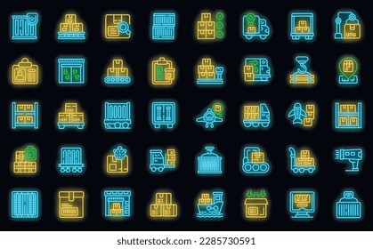 Loading of goods icons set outline vector. Delivery package. Box cargo neon color on black