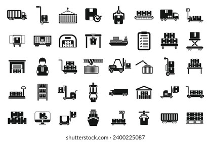 Loading of goods icons set simple vector. Delivery package box. Container equipment