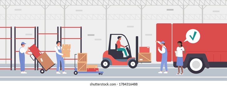 Loading goods in warehouse vector illustration. Cartoon flat worker people waiting in line to load stack of boxes, packages or containers into truck, warehousing loading service, storehouse background