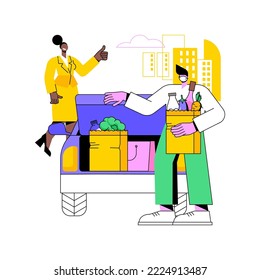 Loading groceries isolated cartoon vector illustrations. Smiling worker putting groceries into a customers car, buying takeaway food and drinks, curbside pickup service vector cartoon.