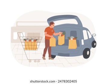 Loading groceries isolated cartoon vector illustrations. Smiling worker putting groceries into a customers car, buying takeaway food and drinks, curbside pickup service vector cartoon.