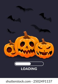 Loading Halloween banner with pumpkins and bats. Dark background with bats. Perfect for Halloween events and loading screens. Vector illustration.