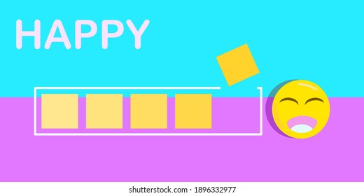 Loading to happy enjoy. Concept download to happiness with emoticons smile on color background. Vector banner style. Illustration for content happy time, joyful, funny, text background, emoji smile.