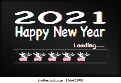 Loading happy new year (Ox year). Progress bar with ox cartoon picture to 2021.