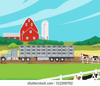 Loading herd of cows in the cattle trailer on a farm. Vector illustration