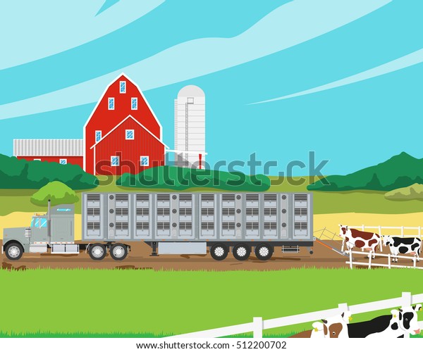 Loading herd of cows in the cattle trailer\
on a farm. Vector\
illustration