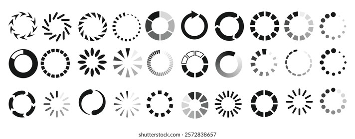 Loading icon, buffering and loader web interface symbol. Circle progress bar, website download progression, reboot icon vector set. Uploading rotating round process, different elements
