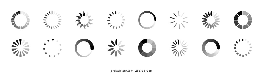 Loading icon, circle load symbol, circle progress bar, buffer loader vector set. Preloader, loading indicator buttons, circle loader status bar signs collection isolated on a white background.