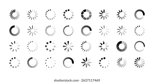 Loading icon, circle progress bar, buffer loader, preloader vector set. Circle load symbols, loading indicator buttons, circle loader status bar signs collection isolated on a white background.