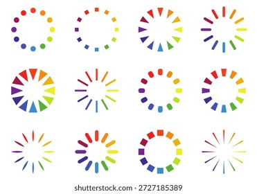 Symbolsammlung wird geladen. Kreis des Farbpalettensymbols, die auf weißem Hintergrund kreisförmig um einander angeordnet sind. Indikator für den Ladefortschritt