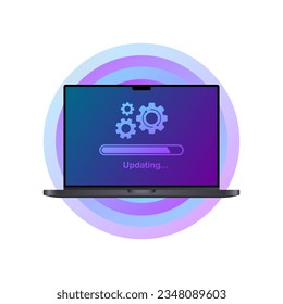 Cargando icono. Plano, púrpura, actualización de laptop, engranaje en pantalla. Ilustración del vector