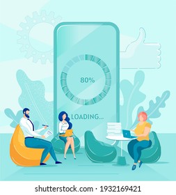 Loading Icon on Mobile Device Screen. Application Development Concept. Cartoon People Sit on Bean Bag Chairs Discuss Work Plan. Office Meeting, Project Schedule Discussion. Time Management