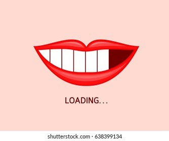 Loading icon on mouth shape. Smiling with whitening teeth. Dental care concept. Vector illustration isolated on black background.