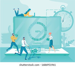 Loading Icon on Notebook Screen Vector Illustration. Alarm Timer Reminder of Deadline. Project Development Concept. Cartoon People Hurry, Man Run, Woman Work on Notebook. Time Management