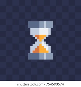 Loading icon. Pixel art. Hourglass and stopwatch. Design sticker.  Isolated vector illustration. Old school computer graphic style.