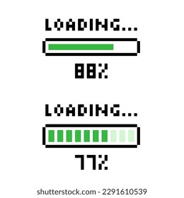 Loading icon in pixel art style, load bar 88 percent, 77 percent, downloading, loading or installing
