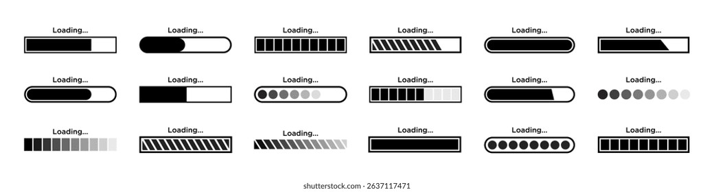 Loading icon, progress bar buffer loader, preloader vector set. Upload and download symbols, horizontal speed indicator buttons, loader status bar signs collection isolated on a white background.