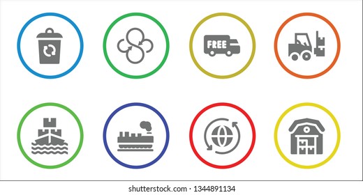 loading icon set. 8 filled loading icons.  Collection Of - Container, Ship, Sync, Cargo, Shipping, Forklift, Warehouse