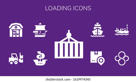 loading icon set. 9 filled loading icons. Included Container, Ship, Forklift, Warehouse, Sync, Shipping icons