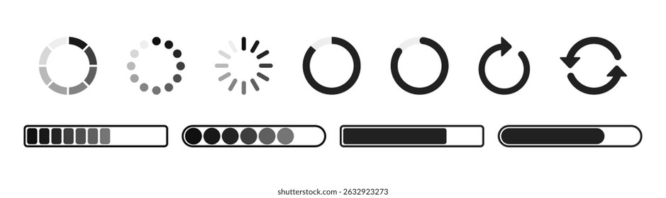 Carregando conjunto de ícones. Conjunto de ícones da barra de carregamento, ilustração do vetor de pesquisa. Coleção de símbolos de carregamento e buffer para sites, aplicativo, logotipo.