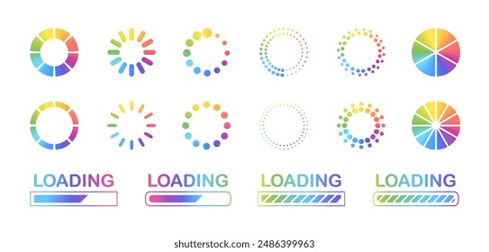 Symbolsatz wird geladen. Pufferlader oder Vorlader. Herunterladenes oder Hochladenes Symbol in Regenbogenfarbverlauf. Vektorgrafik EPS 10