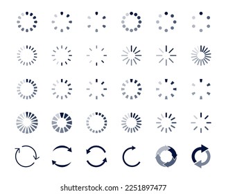 Loading icon set. Circle loader. Load icon. Progress bar. Download, uploading status icons. Vector