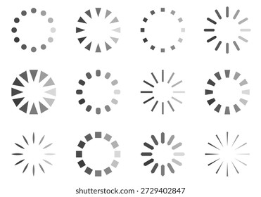 Loading icon set. Download sign set. Load icons set. Load system. Data load. Loading bar. Froze computer.  Set of vector loaded icons. Download progress. Donload or Upload