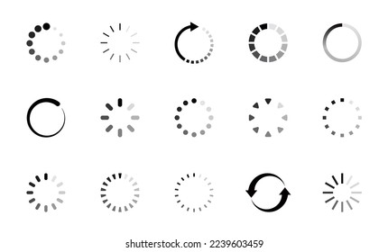 Loading icon set. Load circle icons. Download indicator sign. Progress loading bar. Upload symbol. Loader icon. Vector illustration.