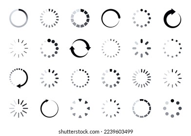 Loading icon set. Load circle icons. Download indicator sign. Progress loading bar. Upload symbol. Loader icon. Vector illustration.