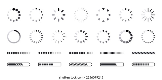 Loading icon set. Load circle icons. Download indicator sign. Progress loading bar. Upload symbol. Loader icon. Vector illustration.