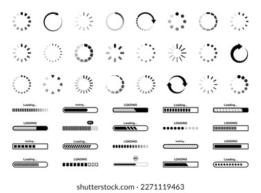 Cargando conjunto de iconos. Cargar iconos de círculo. Señal del indicador de descarga. Barra de carga de progreso. Cargar símbolo. icono Cargador. Ilustración vectorial.