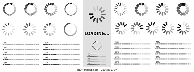Loading icon set. Load circle icons. Download indicator sign. Progress loading bar. Upload symbol. Loader icon. Vector illustration